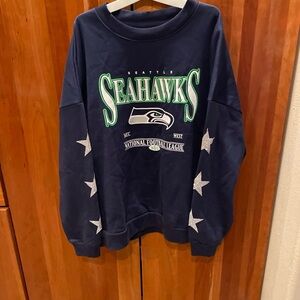 GameDay Couture Seattle Seahawks Navy Sweatshirt W/ Rhinestone Star Sleeves Med